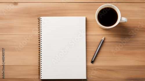 Note book and pencil with coffee mug, blank note book, can use for as a template for business purpose, on the wooden table with top view