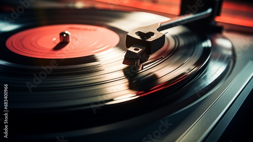 Extreme close-up of a vinyl record spinning on a turntable, showcasing the grooves and texture of the music.