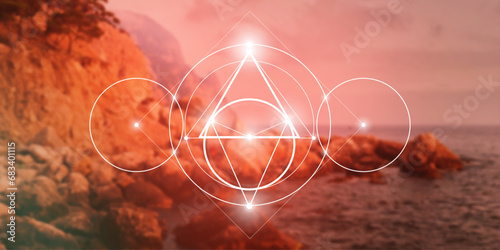 Sacred geometry spiritual new age futuristic illustration with transmutation interlocking circles, triangles and glowing particles