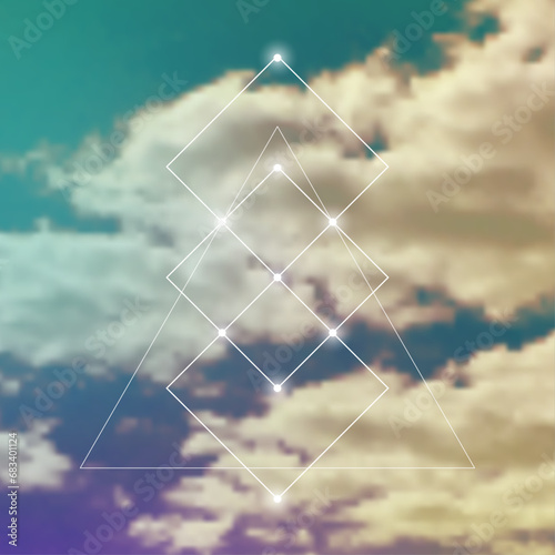 Sacred geometry spiritual new age futuristic illustration with transmutation interlocking circles, triangles and glowing particles