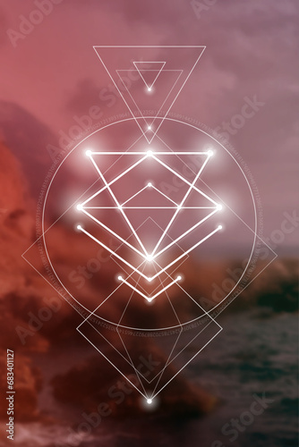 Sacred geometry spiritual new age futuristic illustration with transmutation interlocking circles, triangles and glowing particles