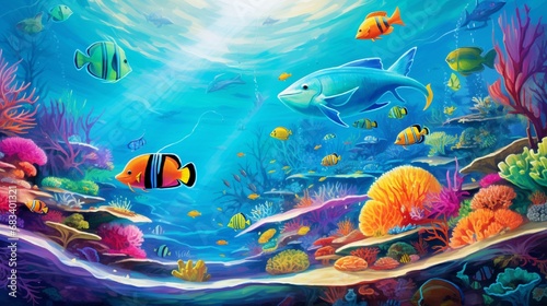 Fleet of colorful fish swimming among the coral reefs, their scales shimmering in the clear turquoise waters of a tropical paradise.