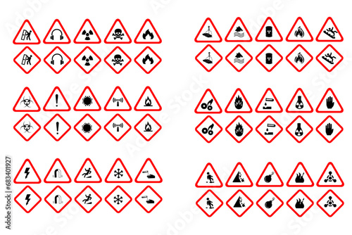 Isolated hazardous material signs. Hazard danger red vector signs.  Globally Harmonized System Warning Signs GHS. Hazmat isolated placards. Official Hazard pictograms standard. Biohazard toxic signs