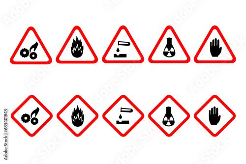 Isolated hazardous material signs. Hazard danger red vector signs. Globally Harmonized System Warning Signs GHS. Hazmat isolated placards. Official Hazard pictograms standard. Biohazard toxic signs
