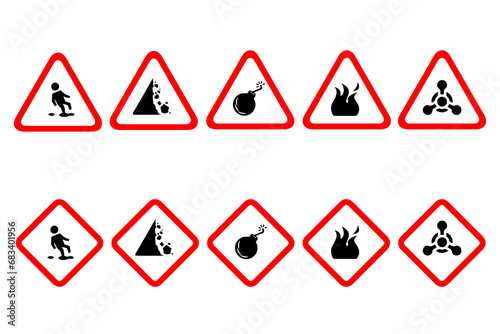 Isolated hazardous material signs. Hazard danger red vector signs.  Globally Harmonized System Warning Signs GHS. Hazmat isolated placards. Official Hazard pictograms standard. Biohazard toxic signs