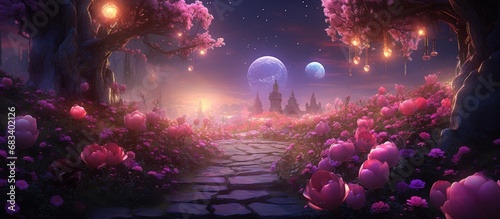 Enchanting outdoor garden with pink roses moonlit background 16 9 phone wallpaper