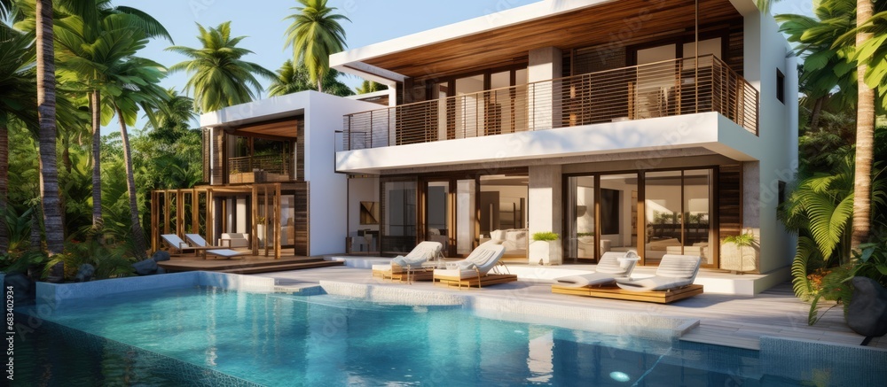 Fototapeta premium Contemporary villa with pool tropical garden featuring palm trees and tourist hostel