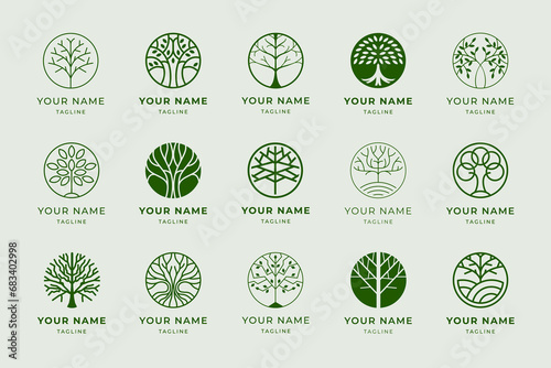 Circle tree of life emblem. Grow plant, circular tree with roots and leaves. Holistic verdant vitality branding label design template vector icons set