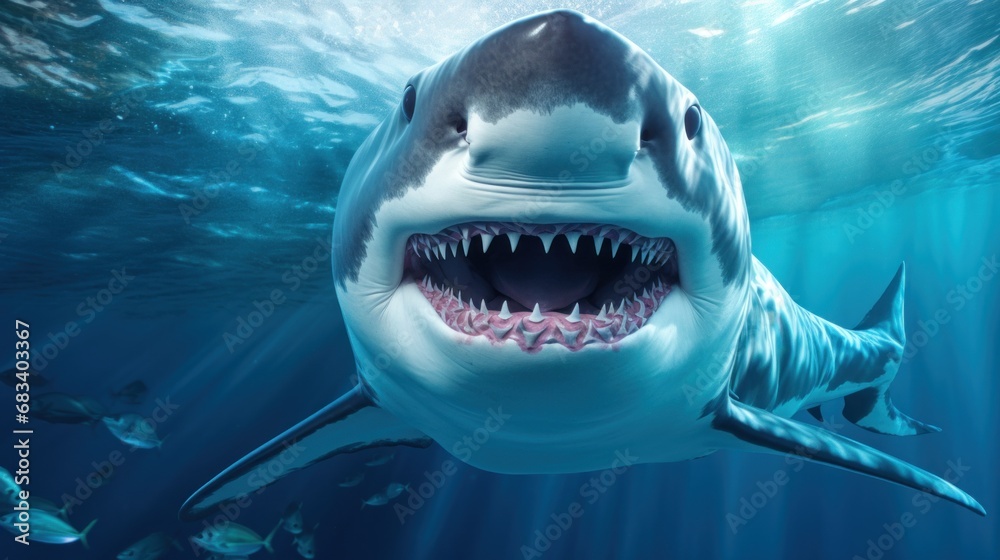 Obraz premium A great white shark with its mouth open in the water