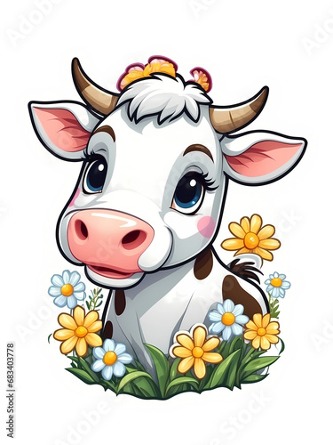 This charming sticker features a delightful cartoon-style cow encircled by a white border adorned with colorful flowers. Perfect for adding a touch of cuteness to any project.