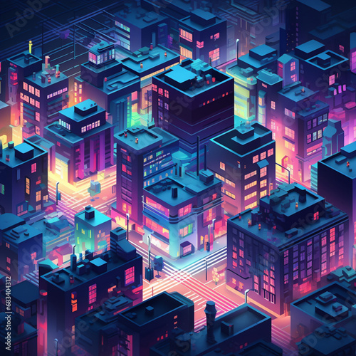 isometric city illustration with buildings against a busy city  in the style of neon installations