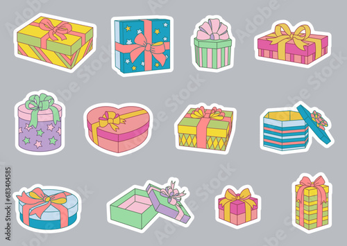 Colorful set of stickers of gift boxes with bows. Green, pink, yellow, blue
