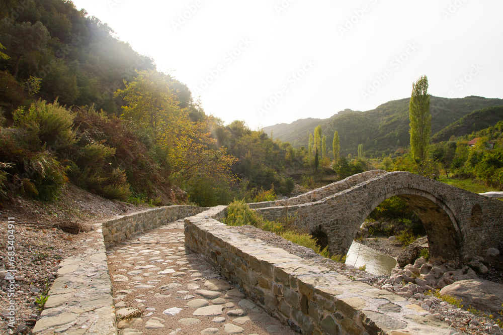 Fototapeta premium A beautiful curved bridge, paved with large stones, across a mountain river