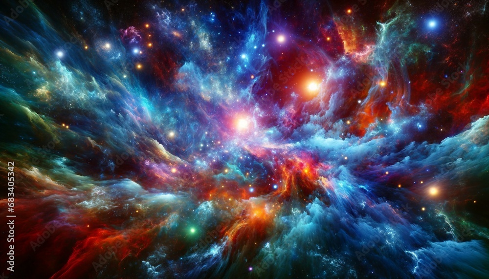 An enigmatic and colorful universe background, featuring a unique composition and a vibrant color palette. This image showcases a cosmic landscape