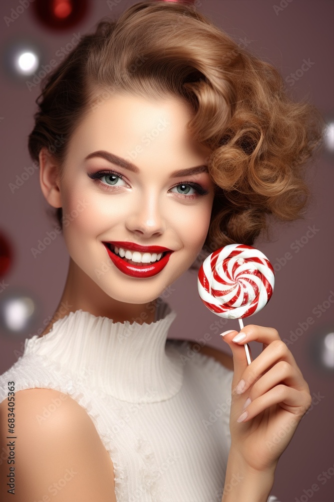 Beautiful young woman holding a festive candy. Christmas makeup.