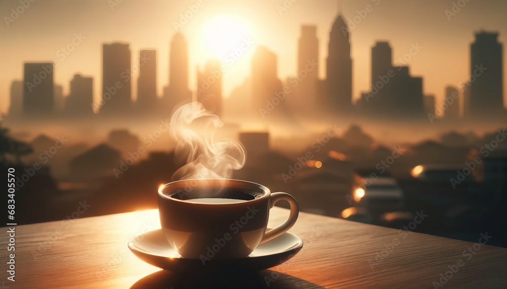 Morning Coffee_ A steaming cup of coffee on a table with a blurred cityscape at sunrise in the background. The cup is in sharp focus