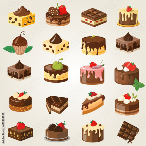 Set flat icons of colorful chocolate desserts and candies Isolated on white Background