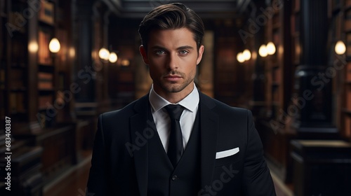 A portrait of a handsome man in a sleek black suit, his confident gaze captured against the backdrop of an elegant, old-world library.