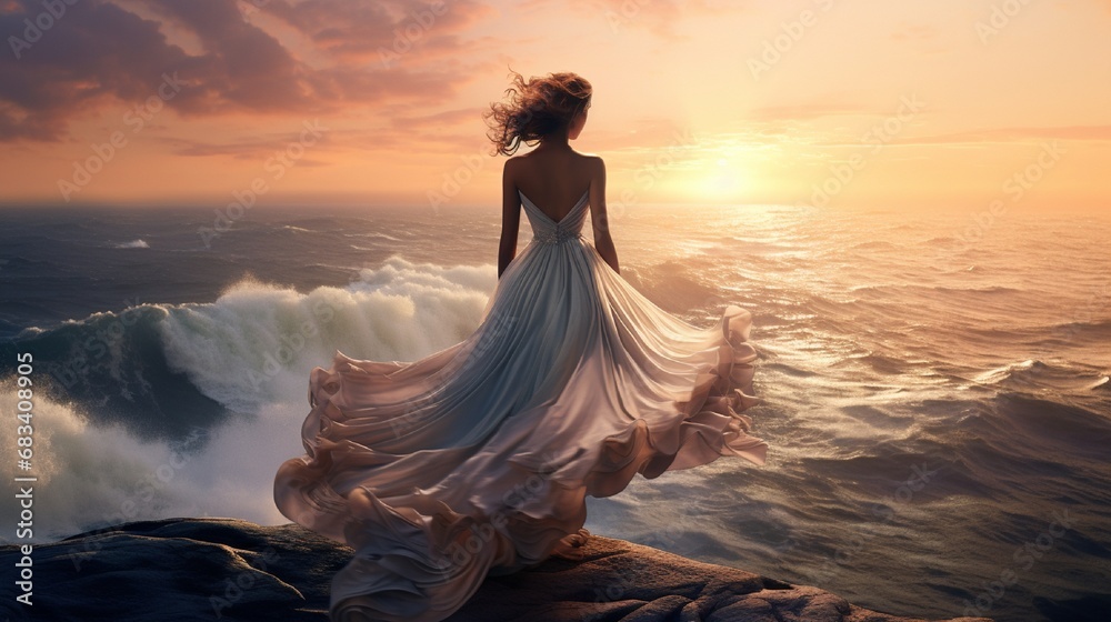 A scene of a woman in a diaphanous, off-shoulder gown, standing on a cliff overlooking the ocean at sunset, with the dress's light fabric billowing in the sea breeze. A scene of a woman in a diaphanous, off-shoulder gown, standing on a cliff overlooking the ocean at sunset, with the dress's light fabric billowing in the sea breeze.