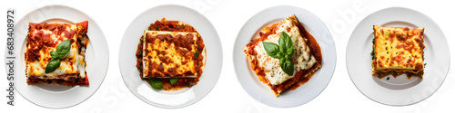 Hot lasagna on white plate, top view, isolated on transparent background, png set, generative ai