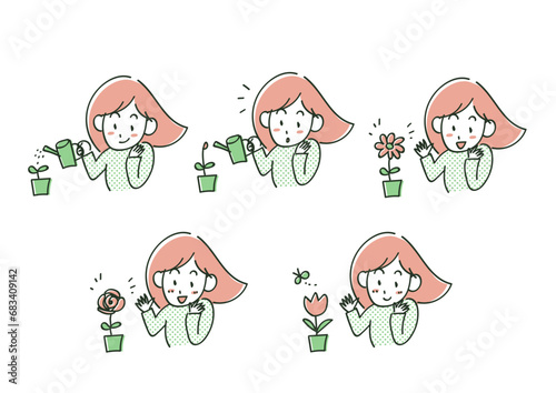 花を育てる女性のイラストセット（2色カラー）