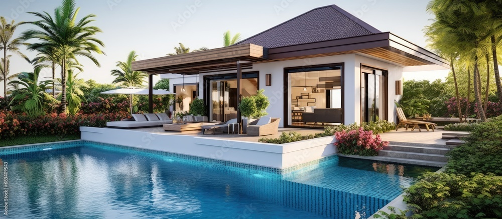 Tropical pool villa exterior design with lush garden