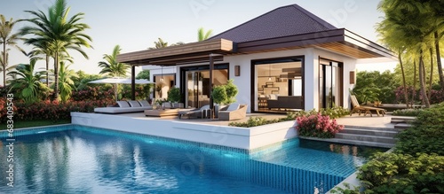 Tropical pool villa exterior design with lush garden