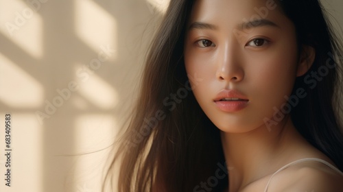 A soft-focus portrait of a young Asian woman, her skin appearing immaculately fresh and clear, complemented by a gentle beige backdrop, symbolizing grace and understated beauty.