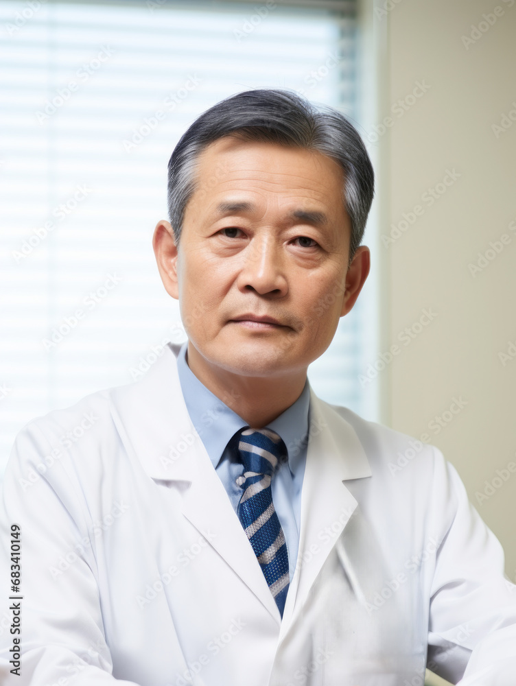 Elderly Japanese surgeon dressed in a traditional white lab coat in his medical office. Portrait of a stern and serious asian male doctor on the background of a window modern clinic. Elderly Japanese surgeon dressed in a traditional white lab coat in his medical office. Portrait of a stern and serious asian male doctor on the background of a window modern clinic.