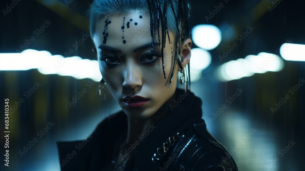 A striking portrait of a young Asian man, showcasing a bold, genderless makeup look, set against the dramatic contrast of a dimly lit, industrial setting. A striking portrait of a young Asian man, showcasing a bold, genderless makeup look, set against the dramatic contrast of a dimly lit, industrial setting.
