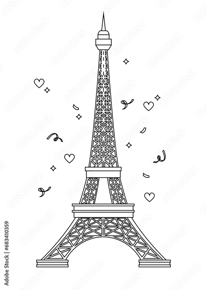 Coloring page for kids with Eiffel tower.
A printable worksheet, vector illustration.
