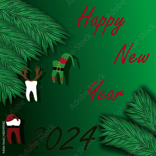 Christmas card with santa claus, Dentist Merry Christmas and New Year concept, tooth, Happy New Year 2024, Happy holidays