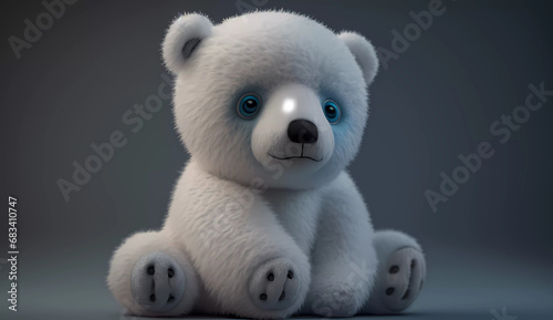 A white stuffed animal with blue eyes sitting down on a gray background with a blue background behind it and a blue background behind it