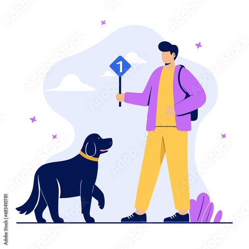 Man and dog at an exhibition of trained animals, flat vector illustration.
