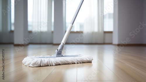 A detailed mop with a telescopic handle, the fibers capturing moisture and shine, placed perfectly on a clean white platform.