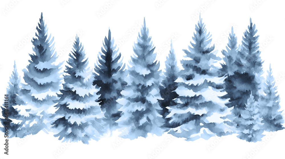 Hand painted illustration, watercolor fir trees in the mist on white background Hand painted illustration, watercolor fir trees in the mist on white background