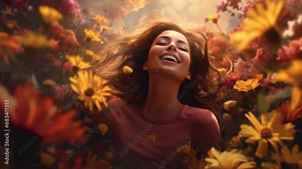 A vibrant image of a woman in a stylish brown shirt, standing in a colorful, flower-filled garden, shading her face from the sun. Her expression is joyful, immersed in the beauty of nature. A vibrant image of a woman in a stylish brown shirt, standing in a colorful, flower-filled garden, shading her face from the sun. Her expression is joyful, immersed in the beauty of nature.