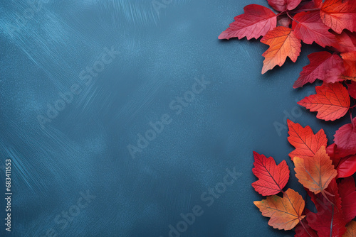 Autumn background with colored red leaves on blue slate background. Top view, copy space for banner or poster