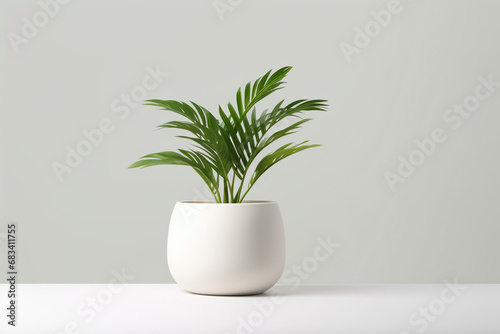 House Plants in White Pots on gray Background: Bohemian Style Tropical Plant in Ceramic Pot. Plain Isolated on gray Background.