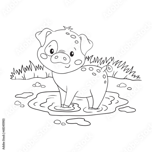 cute little piglet in puddle coloring page, vector illustration for coloring and aktivity books for children 
