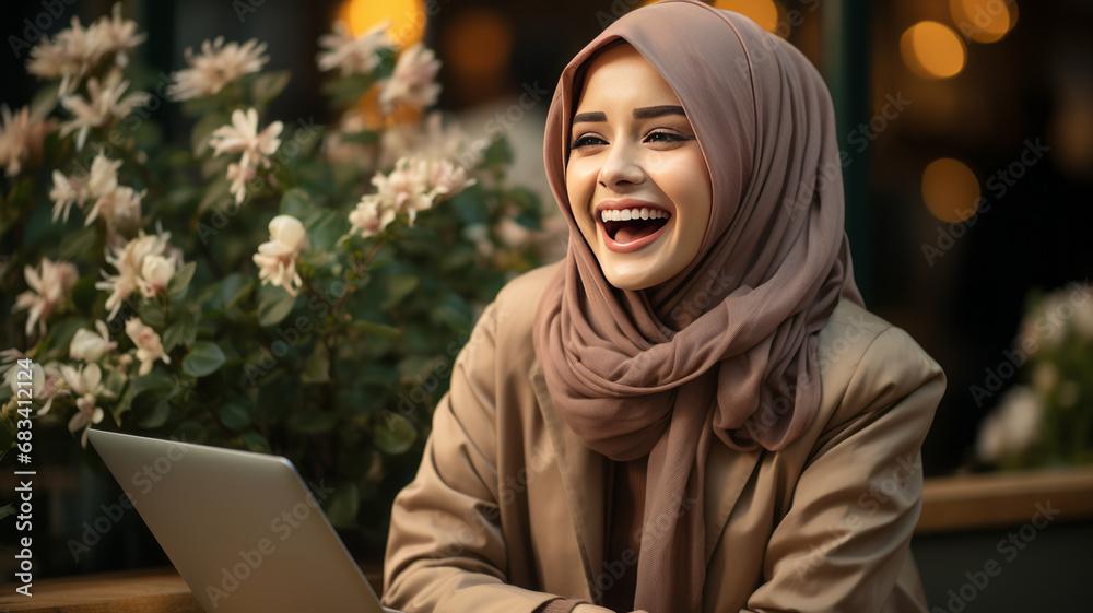 Young asian muslim woman looking at laptop happy excited successfull.generative ai Young asian muslim woman looking at laptop happy excited successfull.generative ai