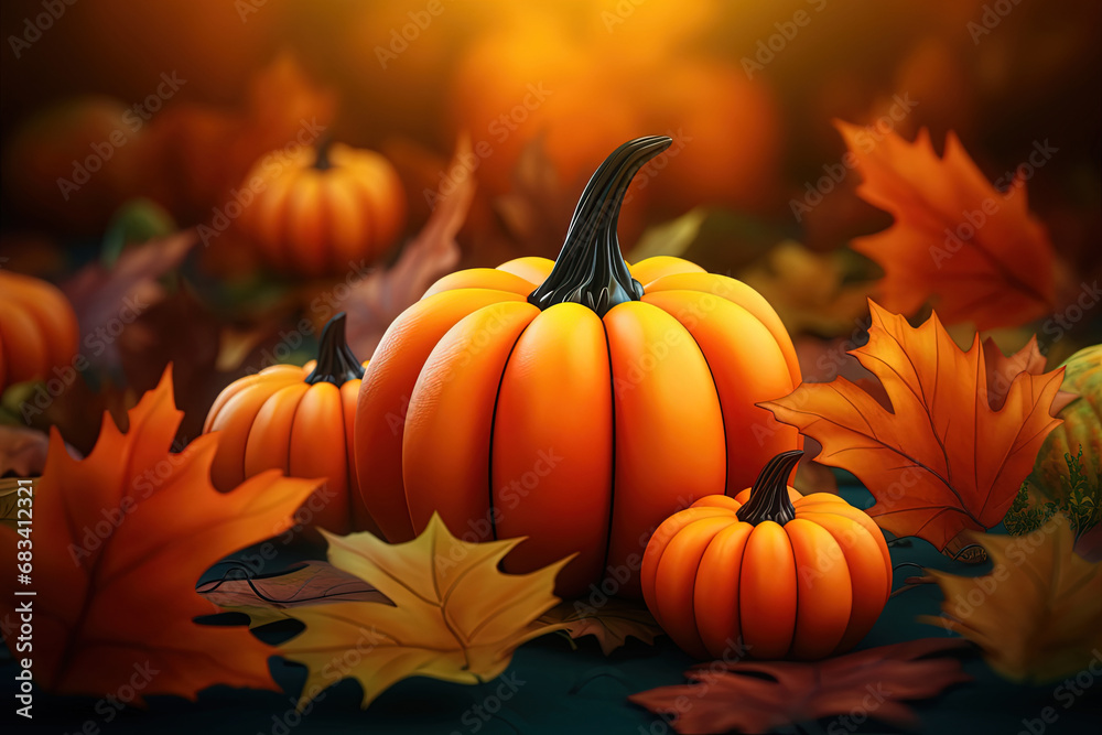 Naklejka premium Pumpkin in a field with maple leaves, autumn orange and green leaves, and an oil painting bokeh background. Thanksgiving and Halloween concept. 3D illustration