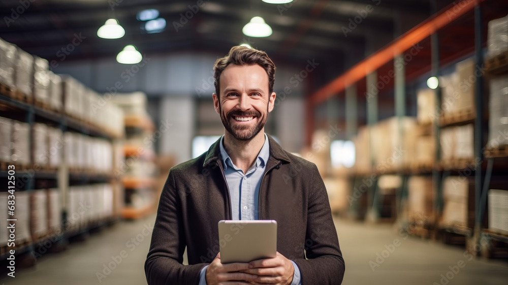 A happy salesman stand holding tablet in large warehouse. A happy salesman stand holding tablet in large warehouse.