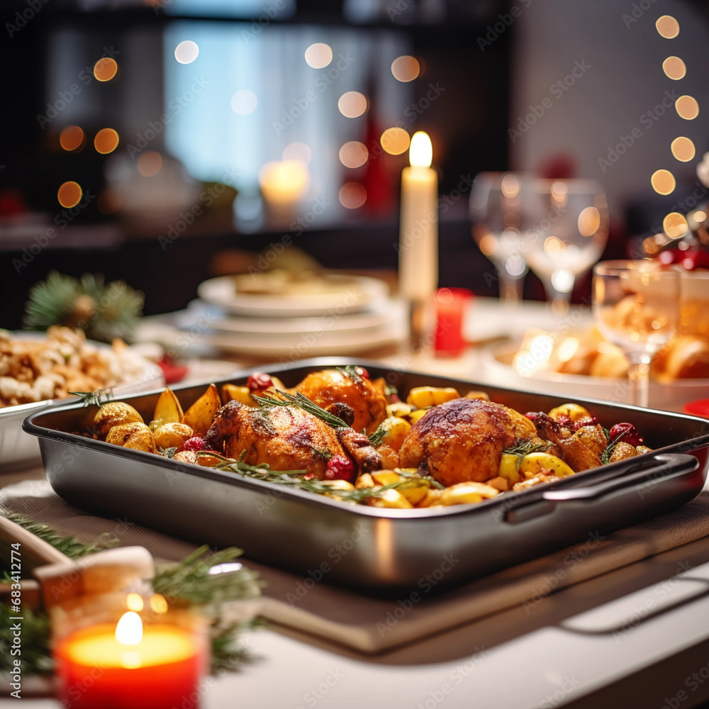 Huhn und Kartoffeln Pfannengericht in weihnachtlicher Küche