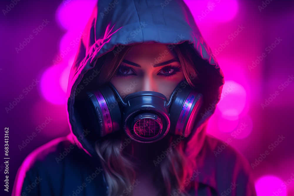 Hooded Cyberpunk Woman in Gas Mask on Vibrant Neon Light Background.