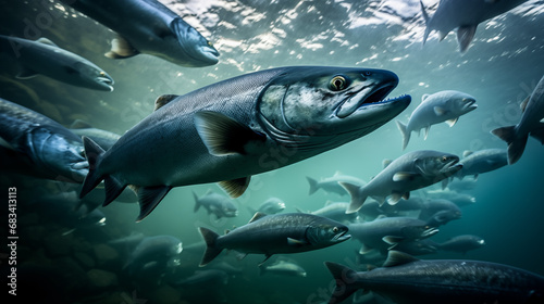 Shoal of salmon. illustration of salmon swimming in the sea photo