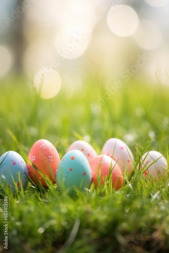Colorful easter eggs in grass. Happy easter background.