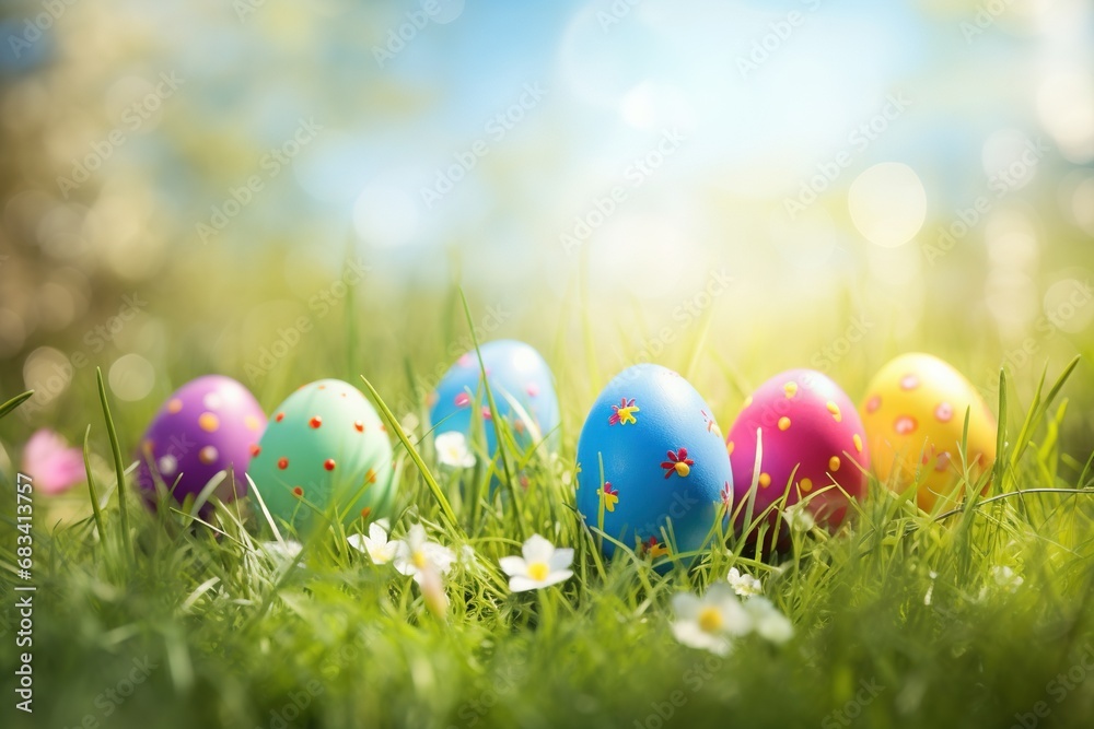 Colorful easter eggs in grass. Happy easter background.