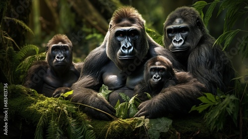A family of gorillas in the heart of the jungle, showcasing their unique behaviors and interactions.