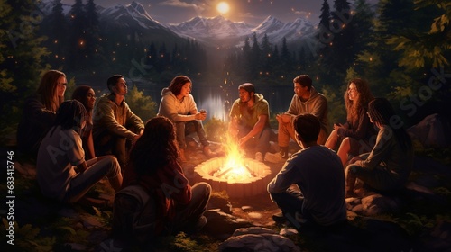 : An image of a diverse group of young people, each wearing a white shirt, gathered around a campfire under a starry night sky, their faces illuminated by the warm, inviting glow.